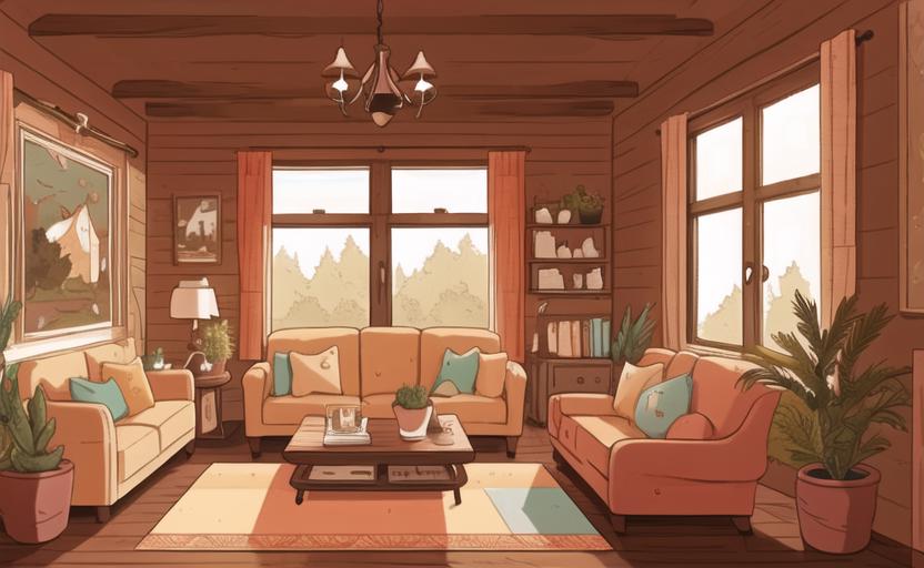Concept of Modern Living Room during Day with Furniture and Big Windows,  View on Town in the Background. Anime Style Digital Stock Illustration -  Illustration of window, interior: 263539440